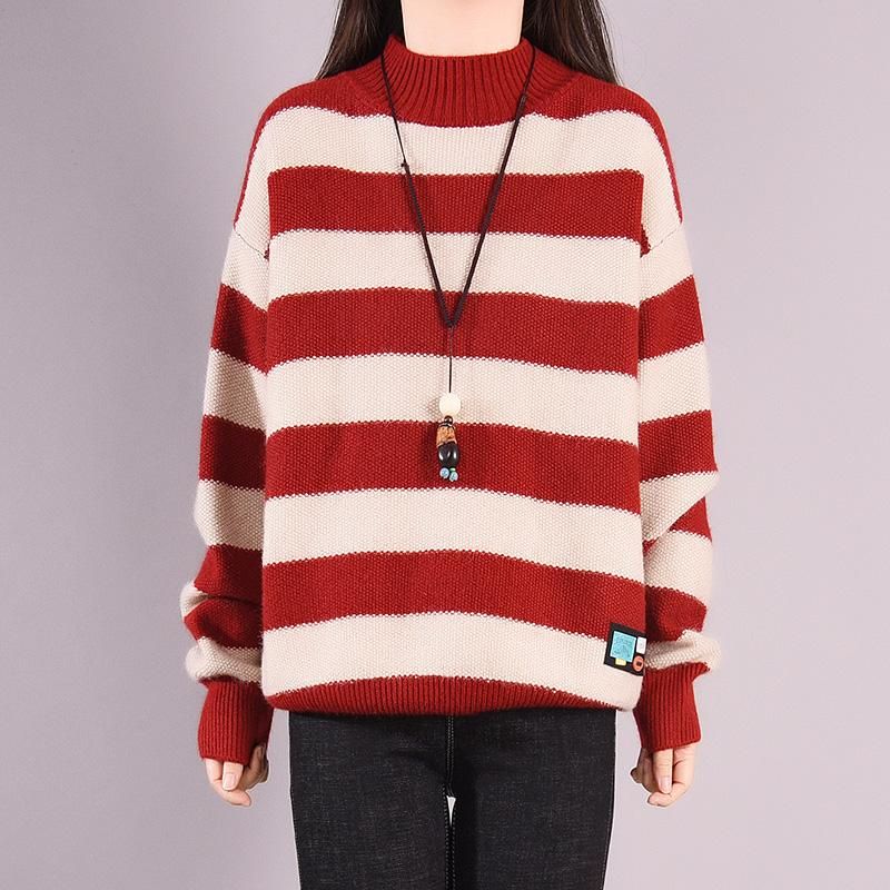 Efterår Vinter Stripe Rundhalset Strikket Sweater