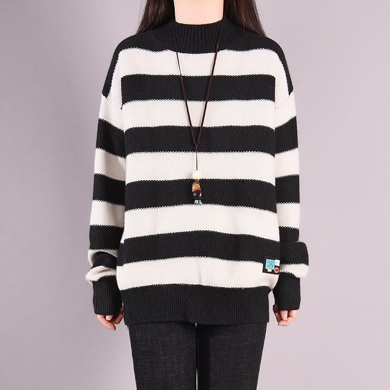 Efterår Vinter Stripe Rundhalset Strikket Sweater