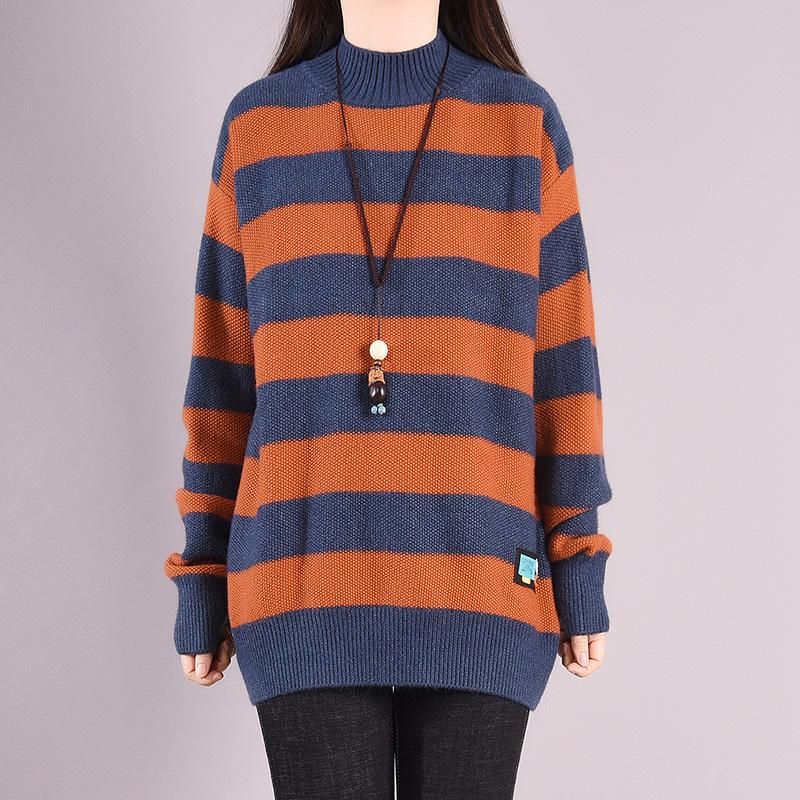 Efterår Vinter Stripe Rundhalset Strikket Sweater