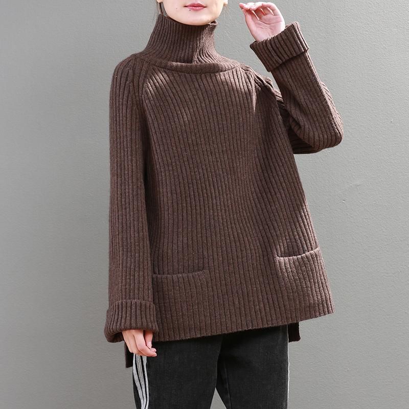 Ensfarvet Casual Sweater Med Høj Hals