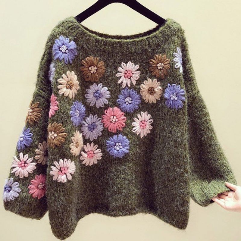 Håndlavet Blomsterbroderi Efterår Vinter Løs Sweater