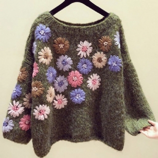 Håndlavet Blomsterbroderi Efterår Vinter Løs Sweater