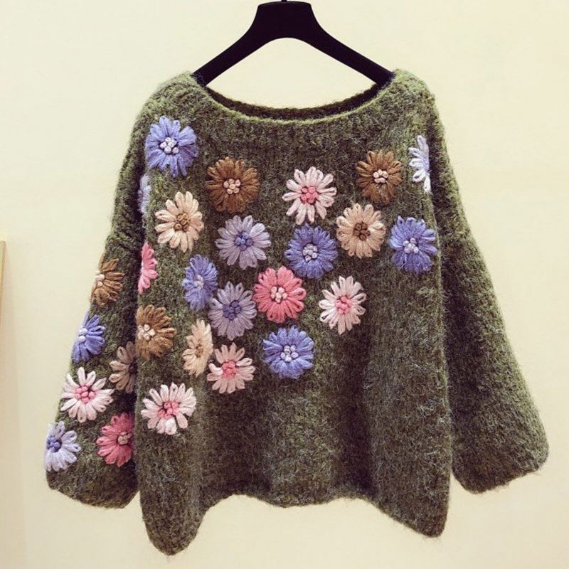 Håndlavet Blomsterbroderi Efterår Vinter Løs Sweater