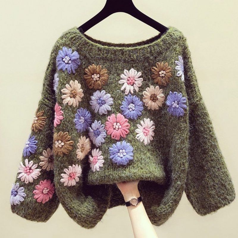 Håndlavet Blomsterbroderi Efterår Vinter Løs Sweater