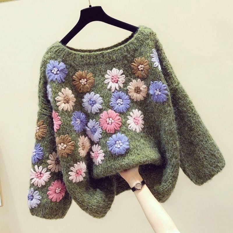 Håndlavet Blomsterbroderi Efterår Vinter Løs Sweater