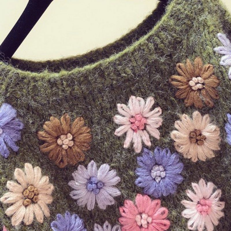 Håndlavet Blomsterbroderi Efterår Vinter Løs Sweater