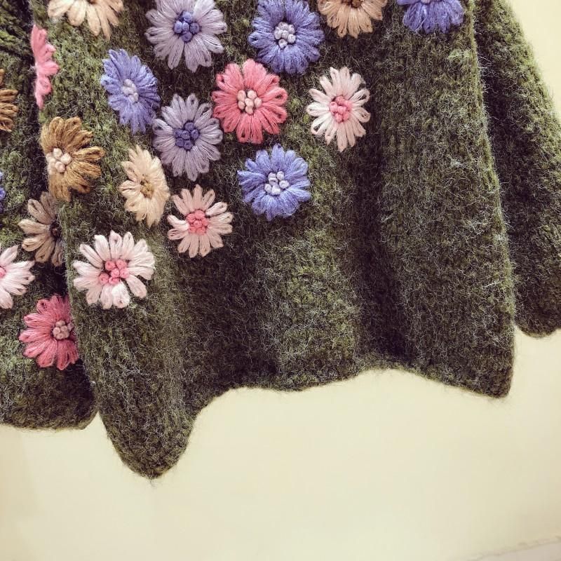 Håndlavet Blomsterbroderi Efterår Vinter Løs Sweater