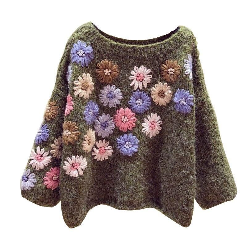 Håndlavet Blomsterbroderi Efterår Vinter Løs Sweater