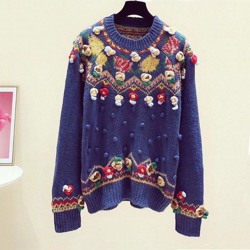 Håndlavet Blomsterbroderi Efterår Vinter Vintage Sweater