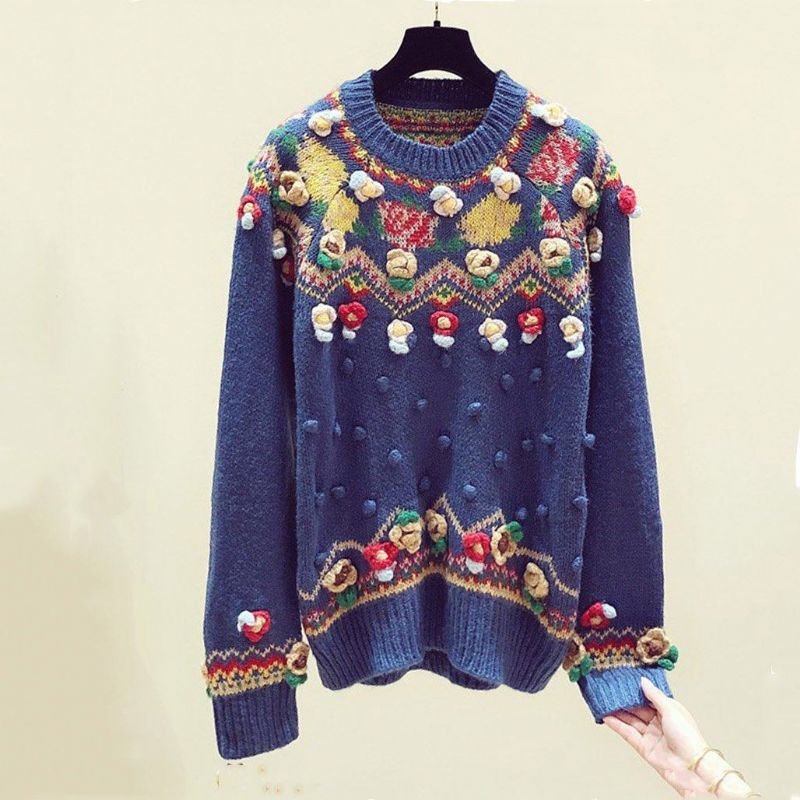 Håndlavet Blomsterbroderi Efterår Vinter Vintage Sweater