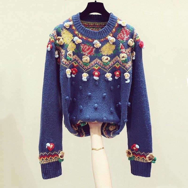 Håndlavet Blomsterbroderi Efterår Vinter Vintage Sweater