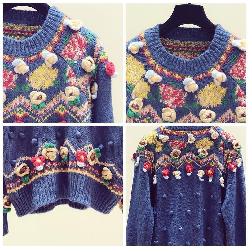 Håndlavet Blomsterbroderi Efterår Vinter Vintage Sweater