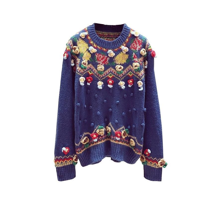 Håndlavet Blomsterbroderi Efterår Vinter Vintage Sweater