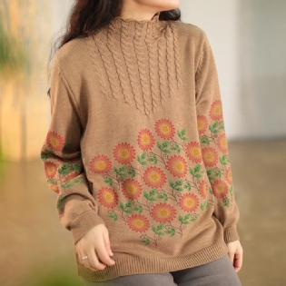 Retro Bomuldsblomster Printet Løs Sweater