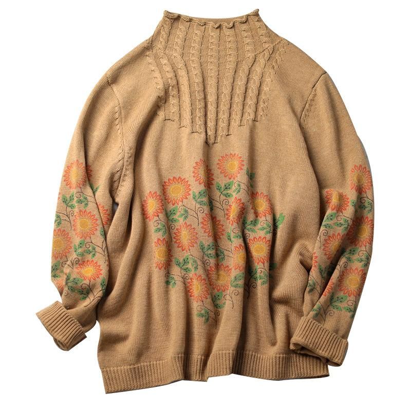 Retro Bomuldsblomster Printet Løs Sweater