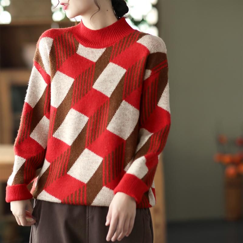 Vinter Casual Plaid Rullekrave Fleece Strikket Sweater