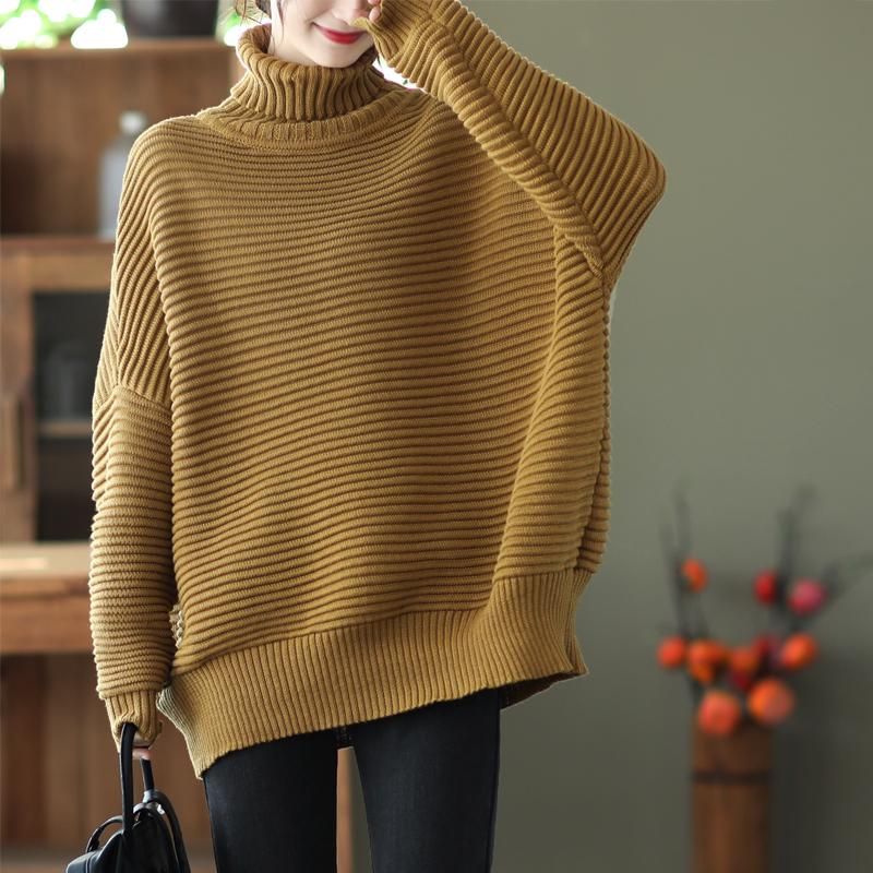 Vinter Kvinder Casual Loose Stripe Turtleneck Strikket Sweater