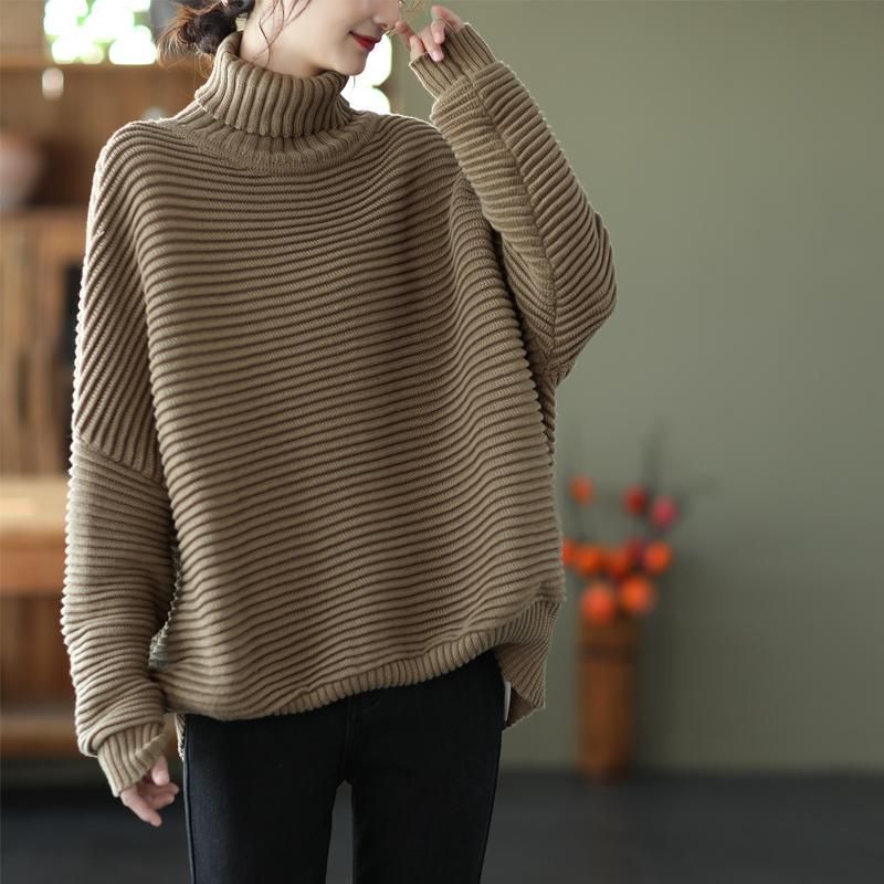 Vinter Kvinder Casual Loose Stripe Turtleneck Strikket Sweater