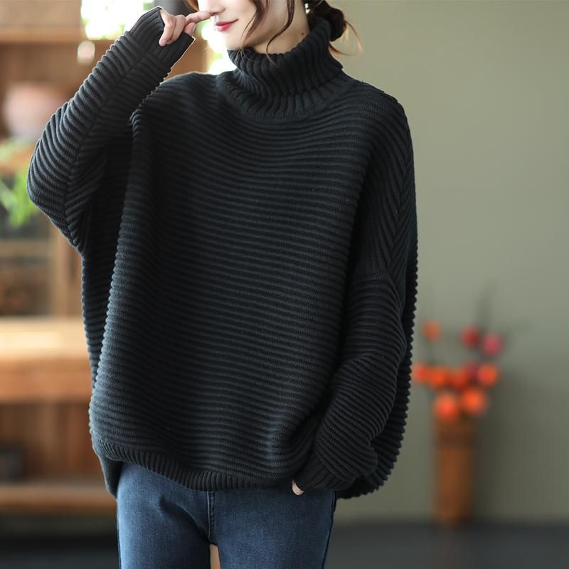 Vinter Kvinder Casual Loose Stripe Turtleneck Strikket Sweater