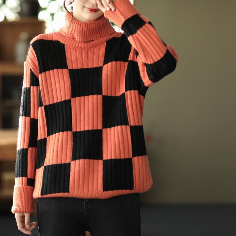 Vinter Retro Casual Plaid Rullekrave Strikket Sweater