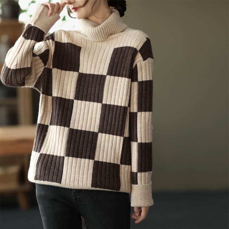 Vinter Retro Casual Plaid Rullekrave Strikket Sweater