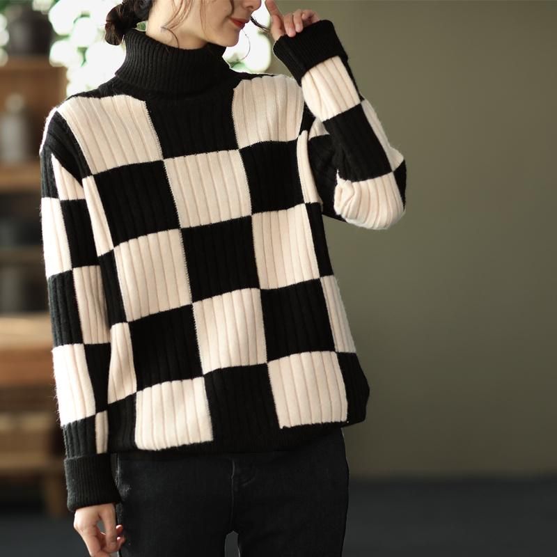 Vinter Retro Casual Plaid Rullekrave Strikket Sweater