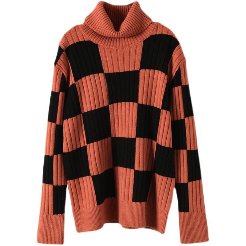 Vinter Retro Casual Plaid Rullekrave Strikket Sweater