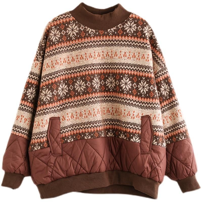 Vinterblomstret Retro Etnisk Løs Bomuldspolstret Sweater