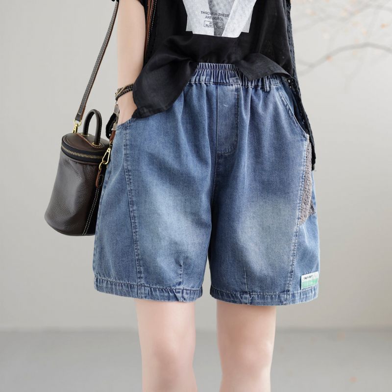 Dame Sommer Patchwork Retro Løse Bomulds Denimshorts