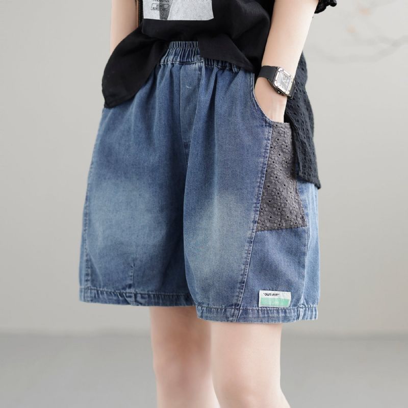 Dame Sommer Patchwork Retro Løse Bomulds Denimshorts