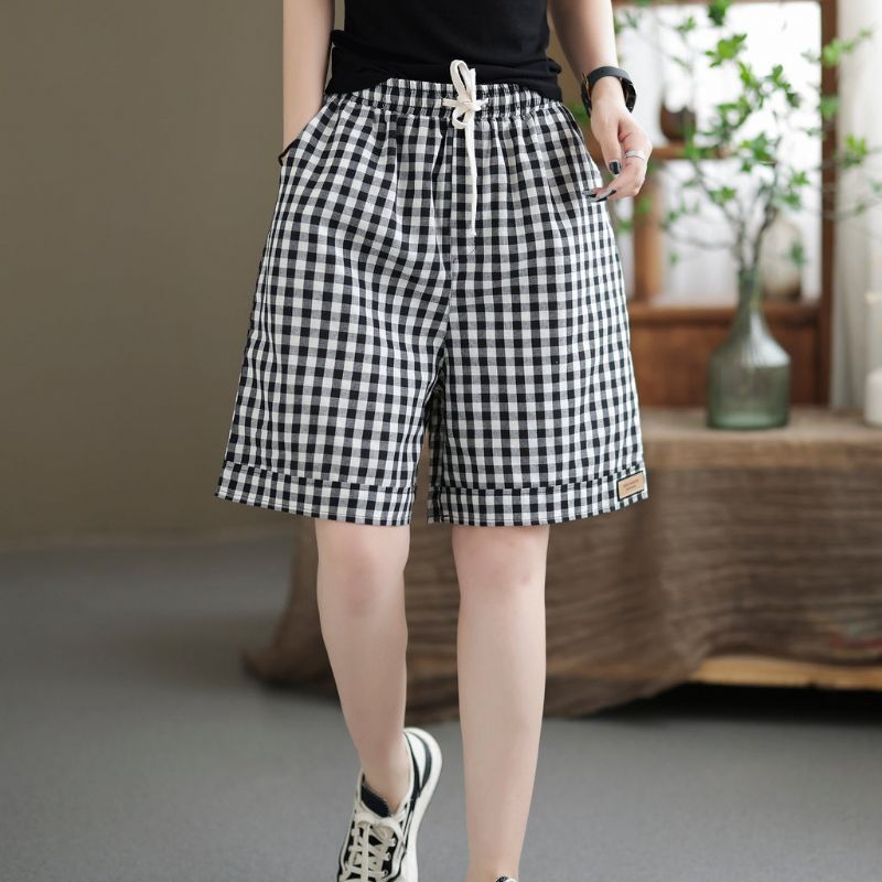 Kvinder Sommer Bomuld Linned Løse Plaid Shorts