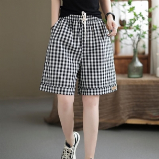 Kvinder Sommer Bomuld Linned Løse Plaid Shorts