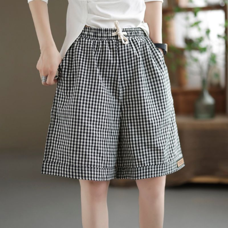 Kvinder Sommer Bomuld Linned Løse Plaid Shorts