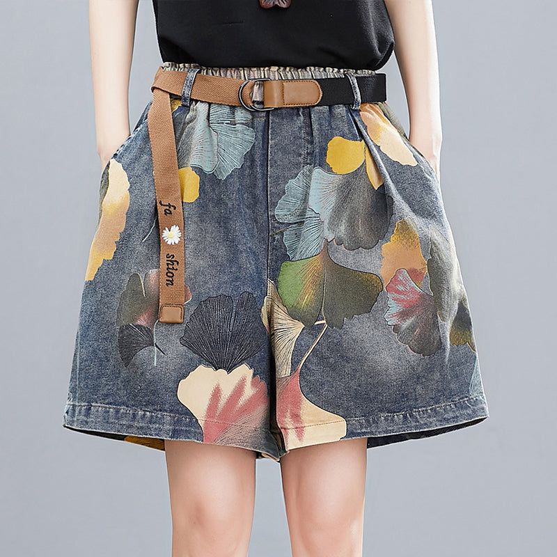 Kvinder Sommer Retro Blomsterprintede Denim Løse Shorts