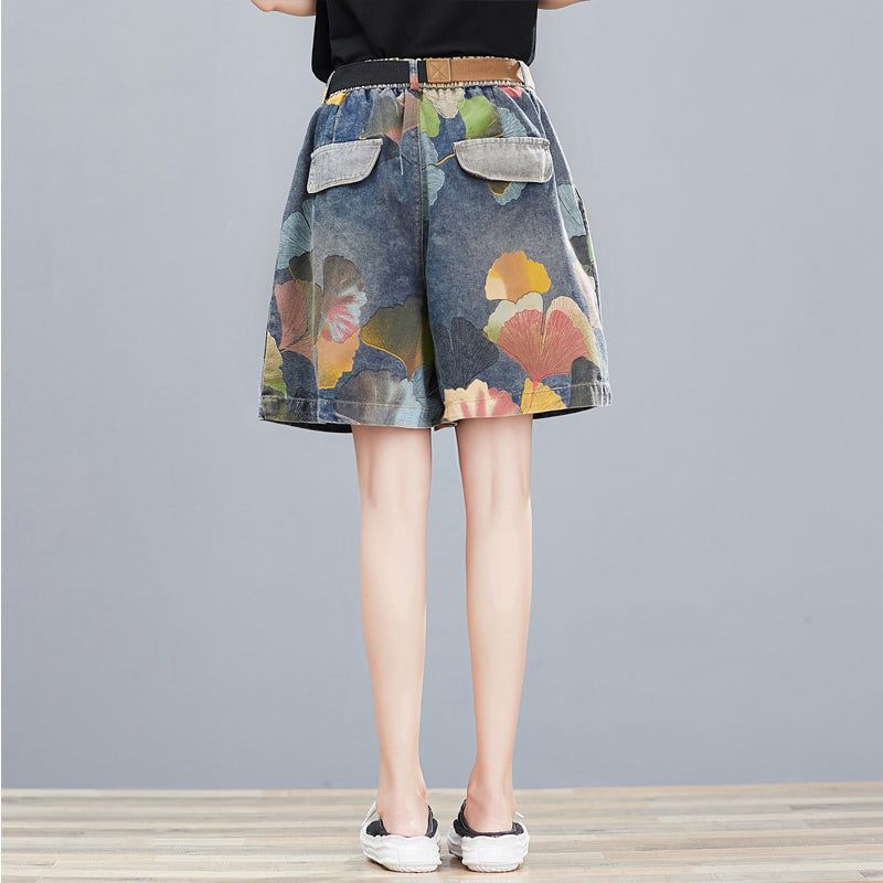 Kvinder Sommer Retro Blomsterprintede Denim Løse Shorts