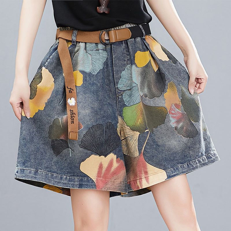 Kvinder Sommer Retro Blomsterprintede Denim Løse Shorts