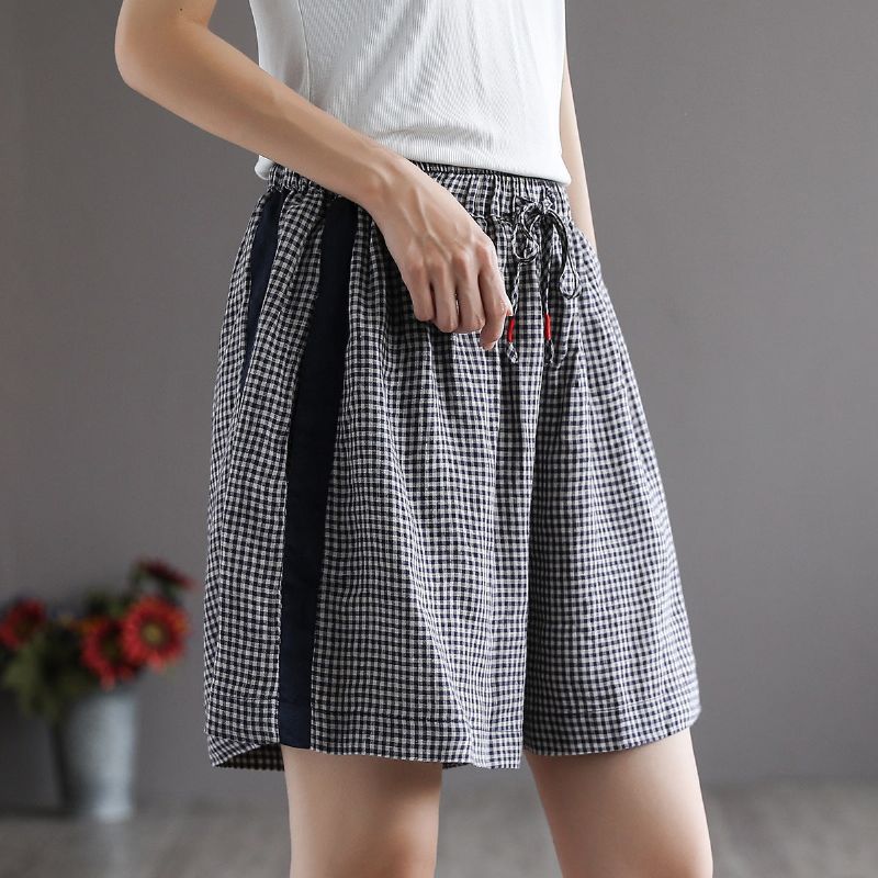 Kvinder Sommer Retro Løse Linned Plaid Shorts