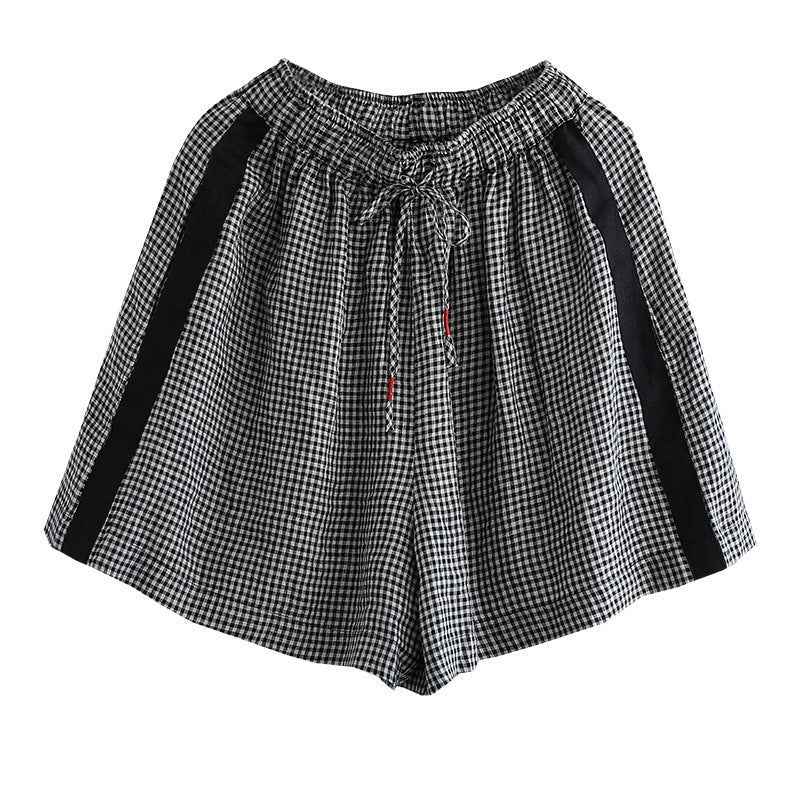 Kvinder Sommer Retro Løse Linned Plaid Shorts