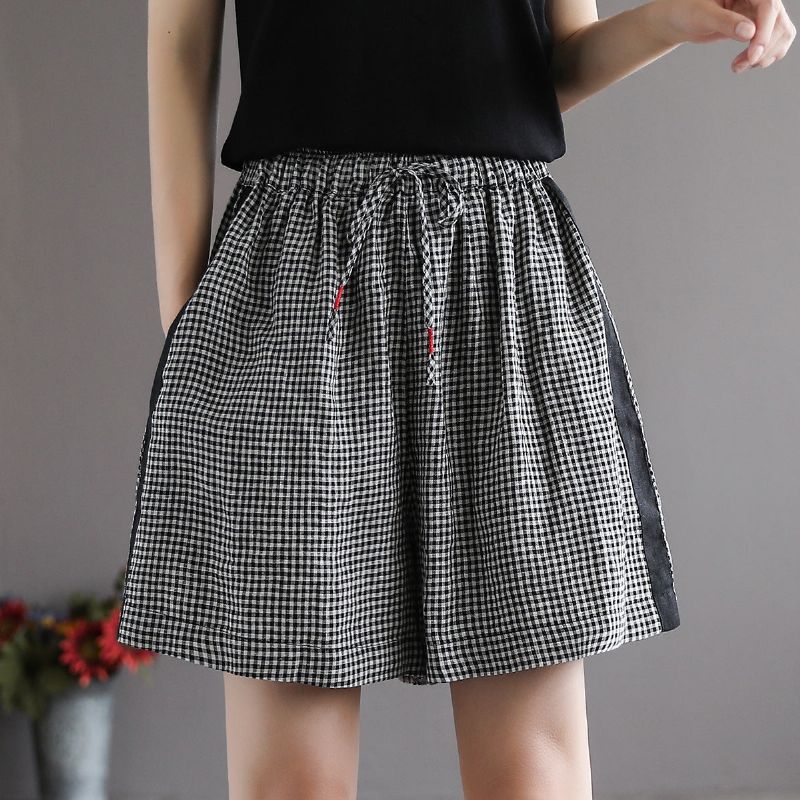 Kvinder Sommer Retro Løse Linned Plaid Shorts