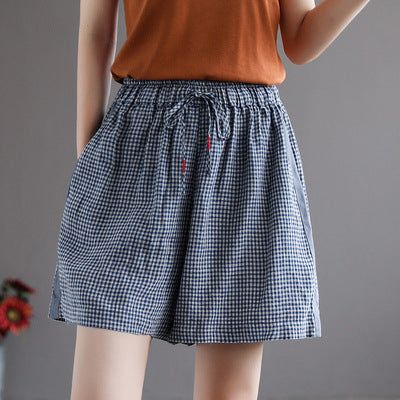 Kvinder Sommer Retro Løse Linned Plaid Shorts