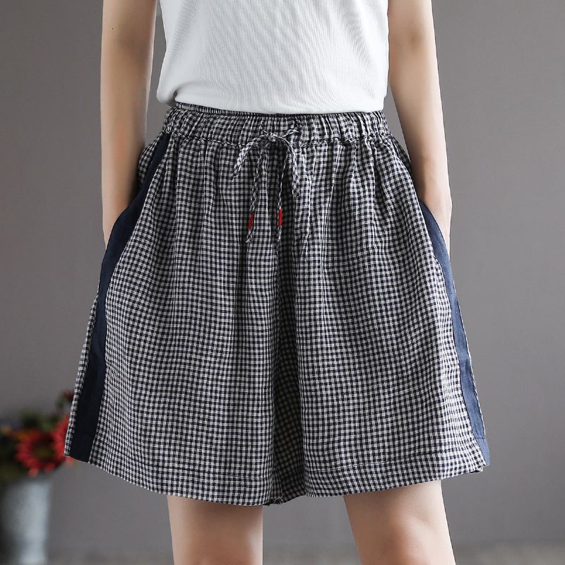 Kvinder Sommer Retro Løse Linned Plaid Shorts