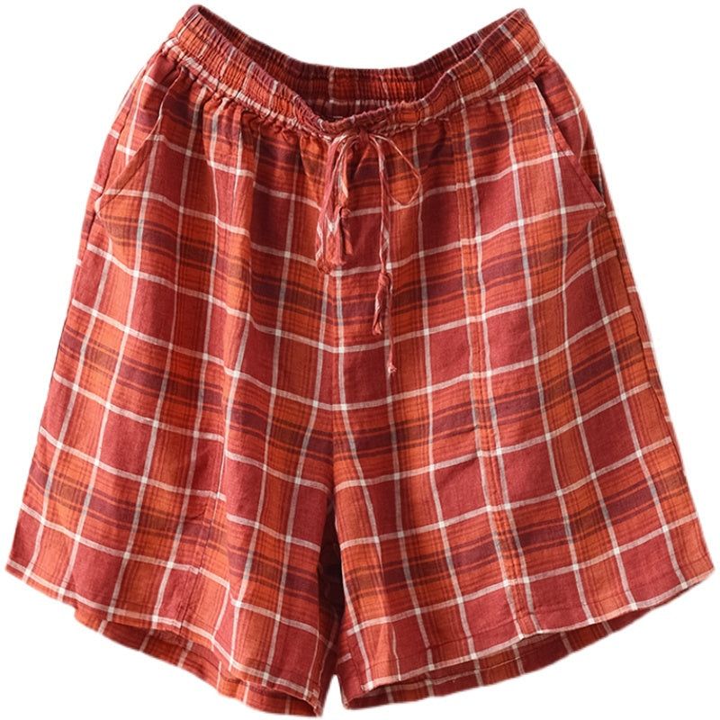 Kvinder Sommer Retro Plaid Løse Shorts I Hør