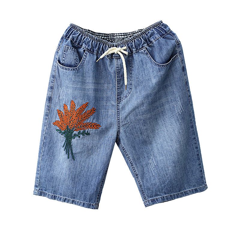 Kvinder Sommer Vintage Broderi Bomuld Denim Shorts