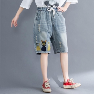 Plus Size Casual Cartoon Brodery Denim Shorts