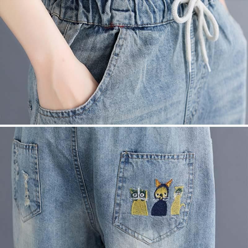 Plus Size Casual Cartoon Brodery Denim Shorts