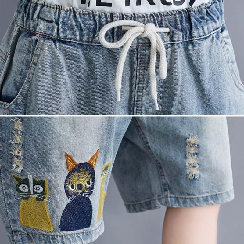 Plus Size Casual Cartoon Brodery Denim Shorts