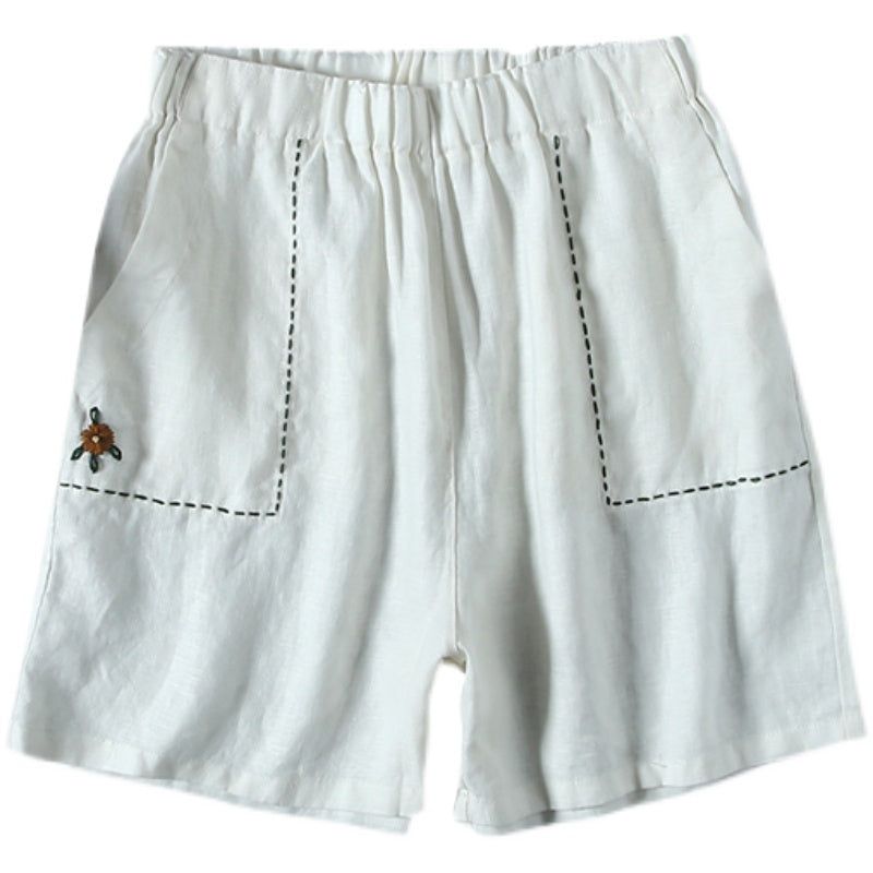 Sommer Linned Broderi Retro Løse Shorts