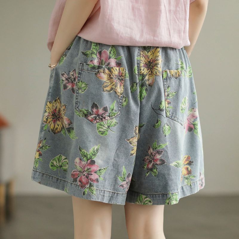 Sommer Løse Kvinder Blomsterprintede Denimshorts I Bomuld