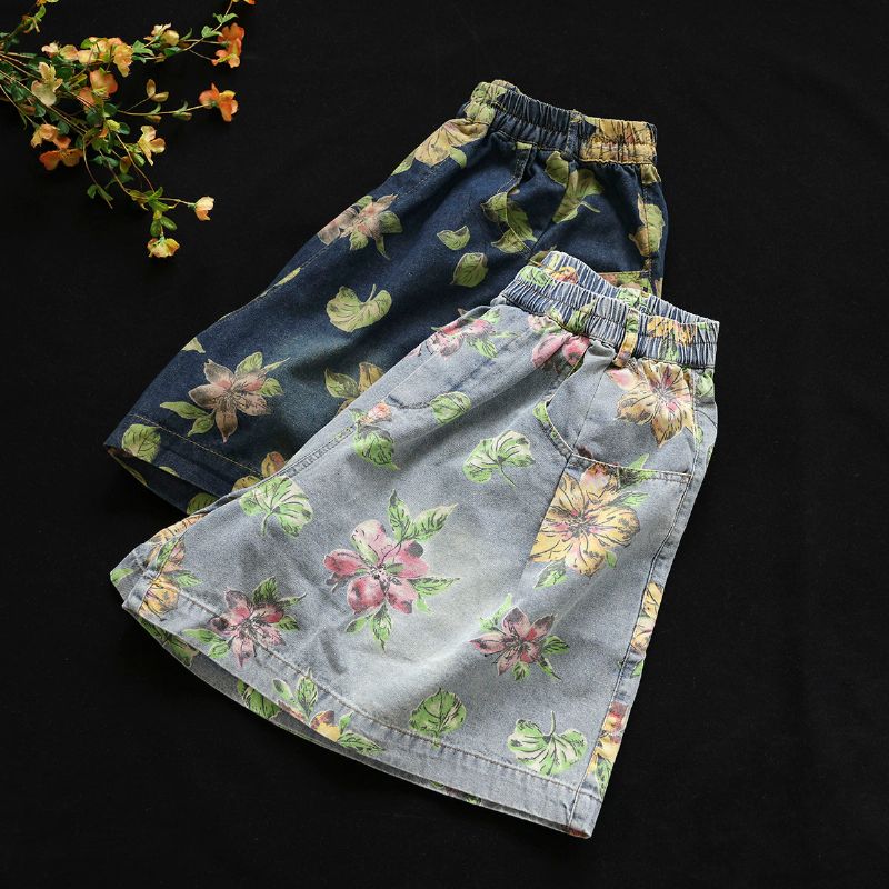 Sommer Løse Kvinder Blomsterprintede Denimshorts I Bomuld