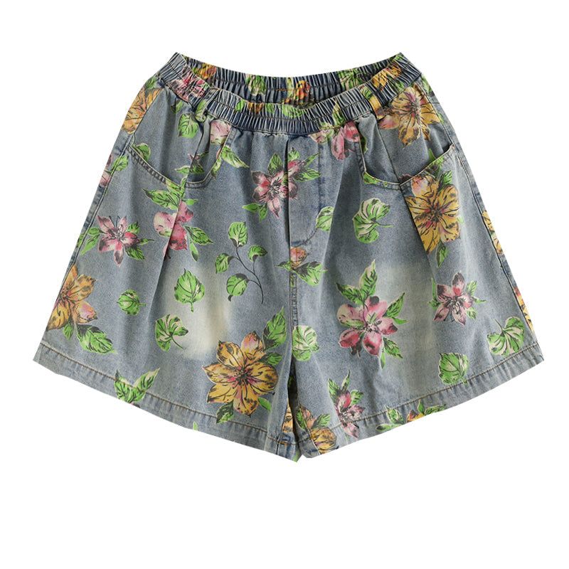 Sommer Løse Kvinder Blomsterprintede Denimshorts I Bomuld